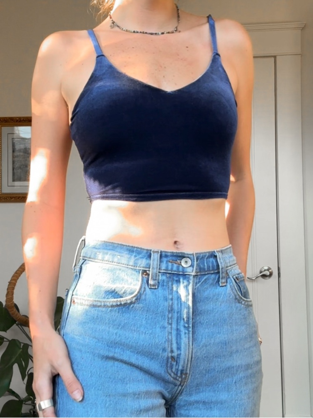 athleta navy v neck velvet crop top sports bra workout top